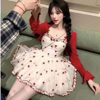 Hàng sẵn có Reese Reese Reese Red Tea Rose Niche Design Slimer Look Sling Dress Váy viền lớn Váy phồng Váy ngắn