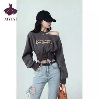  XIYUYI Áo sweater Tay Dài Dáng Rộng Hở Vai Phong Cách Đường Phố Hàn Quốc Cá Tính Dễ Phối Đồ Dành Cho Bạn Nữ
