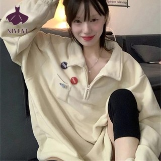 XIYUYI Áo Thun Nỉ Mỏng Dáng Rộng Cổ polo Họa Tiết Kẻ Sọc Dễ Phối Đồ
