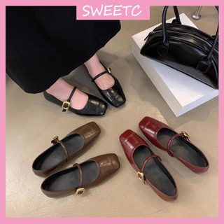 Sweetc Mary Jane Giày Nữ Thời Trang Ngón Chân Vuông Khóa Nông Đế Mềm Thoải Mái Giày Đế Bằng