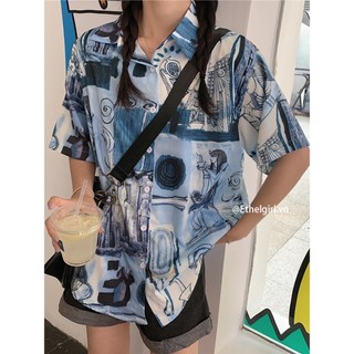 Ethelgirl Hàn Quốc Nữ Quần Áo Retro Graffiti Tay Ngắn Cổ POLO Áo Sơ Mi Rời Tất Cả Trận Đấu Top