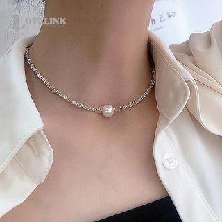 Gạch bạc liên kết dây chuyền ngọc trai dây chuyền nữ kem ngọc trai trắng mặt dây chuyền vòng cổ trang sức