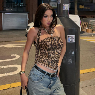 Cutenew Da Báo In Hình Áo Có Dây Buộc Cổ Khăn Nữ Mùa Hè Vintage Y2K Thời Trang 90 Crop Top Phong Cách Đường Phố