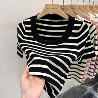 NUZIRO Áo len dệt kim sọc nữ tay ngắn mùa hè mới cổ vuông áo ngắn