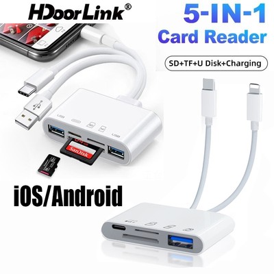 HdoorLink Đầu Đọc Thẻ Nhớ 5 Trong 1 OTG Adapter cho IOS Android Type C Sang USB Micro SD TF