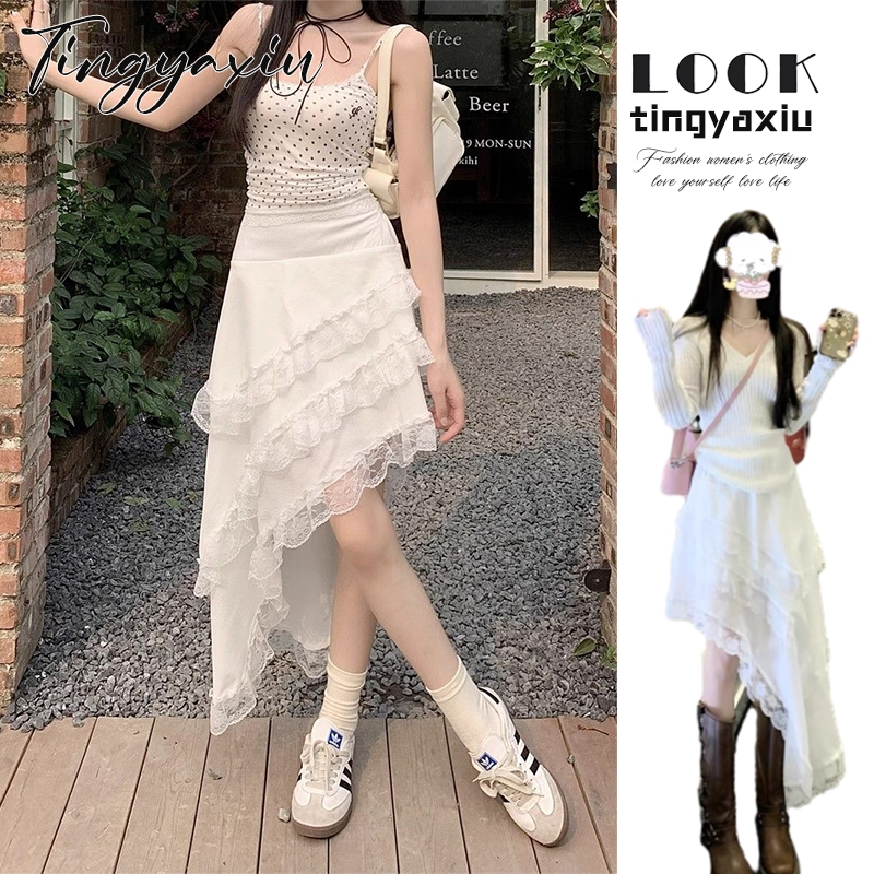 Tingyaxiu Váy nữ ren nối không đều váy phồng eo cao kiểu Pháp váy giảm béo