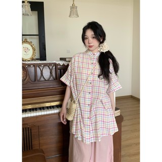 Áo sơ mi ngắn tay ca rô màu cổ điển dành cho nữ mùa hè mới cổ đứng dáng rộng cổ áo đơn dài kiểu dáng, độc đáo và thích hợp