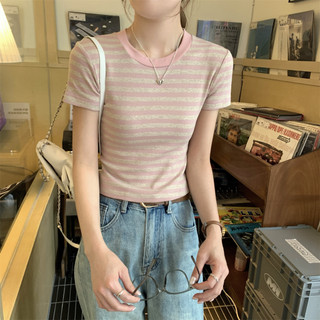 74198 Retro Màu Sắc Tương Phản Mỏng Phù Hợp Với Áo Thun Cotton Sọc Tay Ngắn