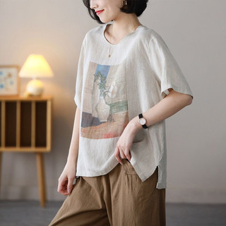 Mùa hè retro cổ tròn in bông và vải lanh tay ngắn kích thước lớn đa năng hàng đầu dáng rộng áo thun mỏng phong cách mới