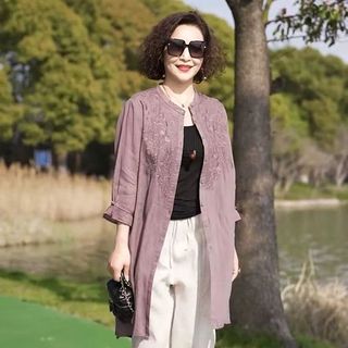 Áo sơ mi cardigan cotton và vải lanh thêu cổ điển dành cho nữ dài vừa phải mùa hè 2024 khí chất chống nắng quần áo áo sơ mi máy lạnh áo khoác thông thường