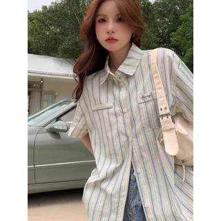 Ethelgirl Hàn Quốc Nữ Quần Áo Vintage Cổ POLO Sọc Áo Sơ Mi Thường Ngày Phù Hợp Với Áo Tay Ngắn
