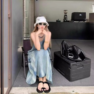 [✨Chất lượng cao]Đầm dây buộc mùa hè dáng rộng phong cách lười biếng bên bờ biển Váy dài kỳ nghỉ