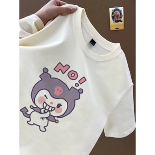 Happy KUROMI cười vui nhộn họa tiết hoạt hình áo thun trắng Áo thun nữ cổ tròn phong cách mới phù hợp với áo thun cotton