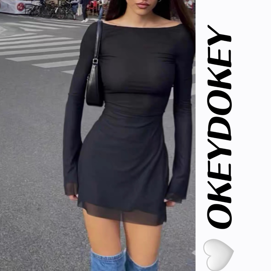 Đầm mini Tay Dài Màu Trơn Hở Vai Phối Bèo Thời Trang Cho Nữ y2k y2k