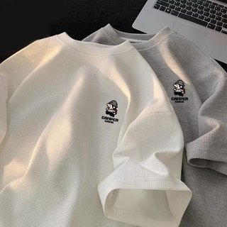 Mùa hè Phong Cách Hàn Quốc Áo Thun Kẻ Sọc Unisex Áo nam Tay Ngắn Thời Trang Phong Cách Cơ Bản Retro Họa Tiết Hoạt Hình Trơn Rời