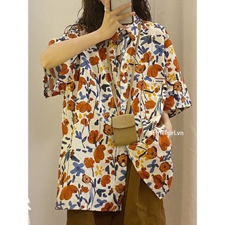 Ethelgirl Hàn Quốc retro hoa tay ngắn chống nắng áo sơ mi nữ vải dáng rộng tất cả các trận đấu hàng đầu