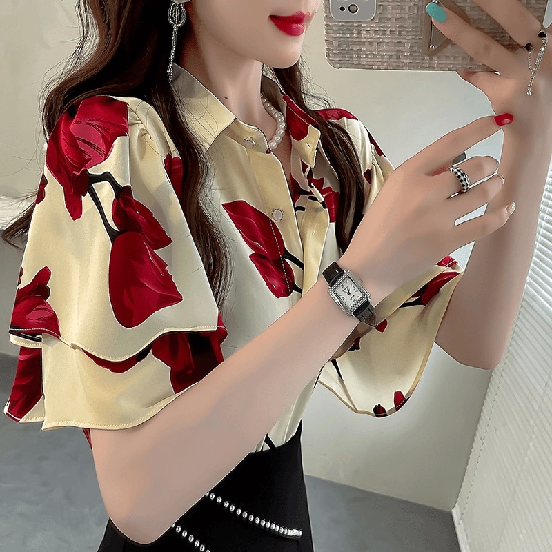 Nữ Phong Cách Mới In Hoa Tulip Đỏ Xù Áo Sơ Mi Voan Tay Ngắn Mùa Hè Thường Ngày Rời Ve Áo Sơ Mi Phù Hợp Với cổ điển đầu Thời Trang Quần Áo Nữ