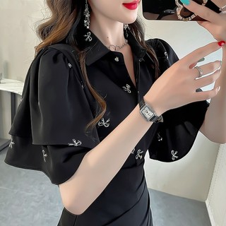 Nữ Phong Cách Mới Nơ In Hình Xù Ngắn Tay Áo Sơ Mi Voan Mùa Hè Thường Ngày Rời Ve Áo Sơ Mi Phù Hợp Với cổ điển đầu Thời Trang Quần Áo Nữ