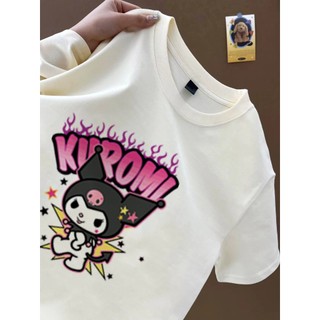 Tinh tế màu đen hồng phù hợp với áo thun trắng hoạt hình giản dị KUROMI Áo thun nữ cổ tròn phong cách mới phù hợp với áo thun cotton