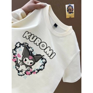 Dây chuyền tình yêu mát mẻ KUROMI Áo thun trắng hoạt hình Áo thun nữ cổ tròn phong cách mới phù hợp với áo thun cotton