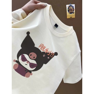 Kính râm KUROMI kỷ niệm chiến thắng Áo thun trắng hoạt hình Áo thun nữ cổ tròn phong cách mới phù hợp với áo thun cotton