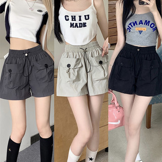 Sf-quần Short chở hàng mùa hè dành cho nữ Quần ngắn ống rộng eo cao có túi
