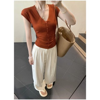 74374 Cổ Chữ V Màu Trơn Dệt Kim Áo Thun Ngắn Tay Eo Cao Rộng Quần Thường Ngày