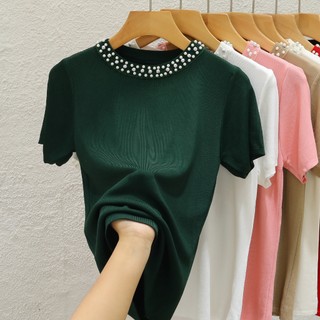 Mùa hè Phong Cách Mới Áo Thun Nữ Cổ Tròn Đính Hạt Áo Len Top
