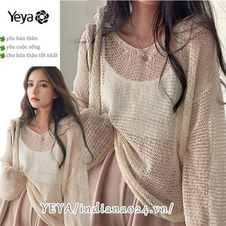Áo thun nữ dài tay YEYA kiểu Pháp cổ điển lười biếng dáng rộng dài tay rỗng áo dệt kim mỏng hàng đầu