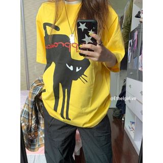 Ethelgirl Hàn Quốc Quần Áo Nữ Thời Trang "Mèo" In Áo Thun Tay Ngắn Thường Ngày Oversize Top