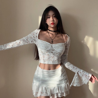 Dance1o1-áo dài tay cắt ren Sheer dành cho nữ và bộ váy xếp Mini