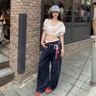 Bộ đồ hợp thời trang Mỹ dành cho nữ Slim-fit ngắn ren trắng ngắn tay cổ chữ v thêu áo sơ mi + Quần dài rộng hai-