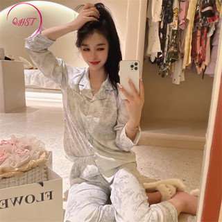 QHST Bộ Đồ Ngủ Nữ Phong Cách Trung Hoa Mực Tranh Màu Xám In Quần Dài Tay Satin Mềm Nhập Khẩu 