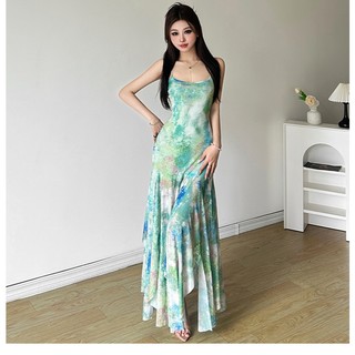 Klalien Mùa Hè 2024 Mới Đồng quê Retro Halo Nhuộm Slim Và Không Đều Đầm Dài Nữ