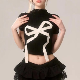 Áo Croptop Nữ Mùa Hè Cổ Tròn Tương Phản Nơ Ruy Băng Thời Trang Slim Fit Dệt Kim Áo Thun Ngắn Tay Top