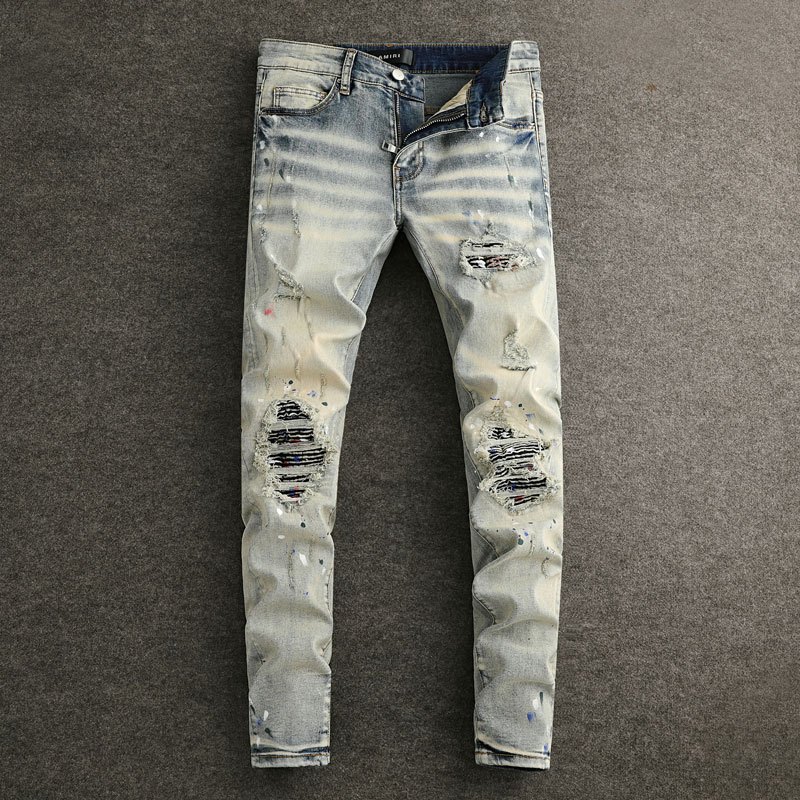 Amiri Street fashion trend men jeans with blue slim fit elastic design patch splicing technology hig