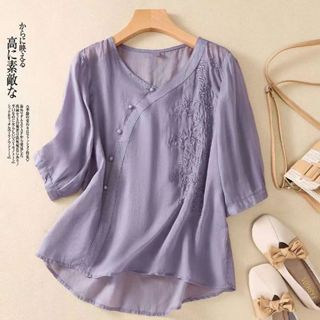 Thương mại nước ngoài thương hiệu lớn đuôi cotton mỏng và vải lanh hàng đầu nữ dáng rộng khí chất cổ chữ V thêu giản dị đa năng khóa áo sơ mi nữ