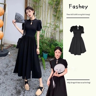 Phong Cách Trung Hoa Phong Cách Trung Hoa Cải Tiến Sườn Xám Đen Slim fit Đầm Nữ Cắt Bên Mùa Hè Puff Tay Ngắn Váy Dài Hẹp