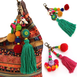 Móc khóa hoa phong cách boho nhiều màu sắc móc khóa pompom quà tặng mùa hè tua rua phụ kiện