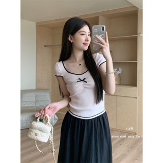 QKOOLE Áo thun ngắn tay dệt kim nơ nữ Hàn Quốc mới