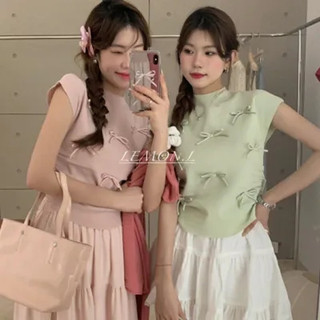NZN Áo thun ngắn tay dệt kim đơn sắc nơ mới mùa hè dành cho nữ