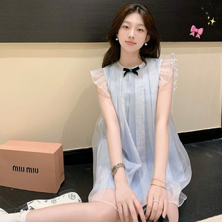 Phiên Bản Hàn Quốc Thời Trang Màu Xanh Không Tay Đầm Nữ Cổ Tròn Nơ Trang Trí Voan Chữ A