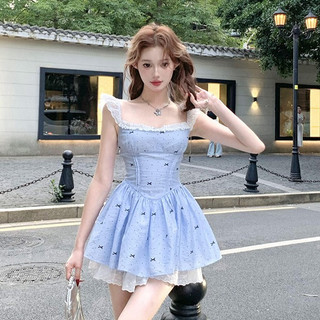 Thời trang giản dị kiểu Pháp Nơ màu xanh chấm bi Đầm đeo chéo nữ Slim-fit eo hẹp khâu ren không tay Váy voan chữ A