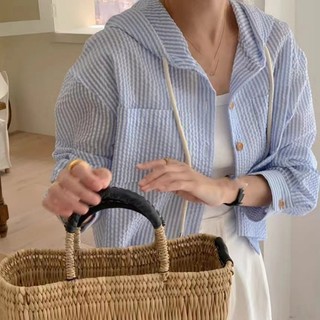 Áo Sơ Mi Nữ Sọc Tay Dài Đơn Có Mũ Trùm Đầu Chống Nắng Rời Mùa Hè Áo Kiểu Ngắn