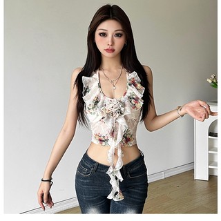 Cutenew Hoa Tie Dye Ruffle Halter Tank Top Nữ Mùa Hè Lưng Slim Fit Crop Top