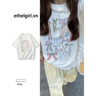 Ethelgirl Thời Trang Hàn Quốc Rời "Nơ" In Hình Cổ Tròn Áo Thun Nữ Quần Áo Top