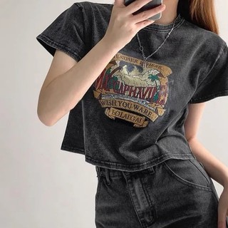 Áo thun nữ tay ngắn in cây dừa rốn lộ phong cách Mỹ cổ điển