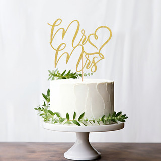 Trang trí bánh đính hôn đám cưới màu vàng lấp lánh Mr & Mrs Cake Topper
