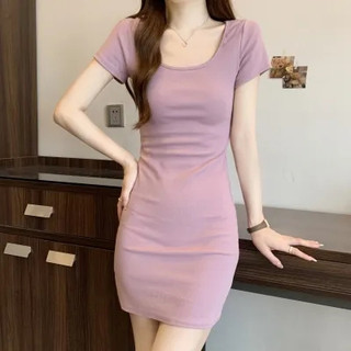 NZN Váy ngắn tay cổ vuông mỏng màu trơn mùa hè
