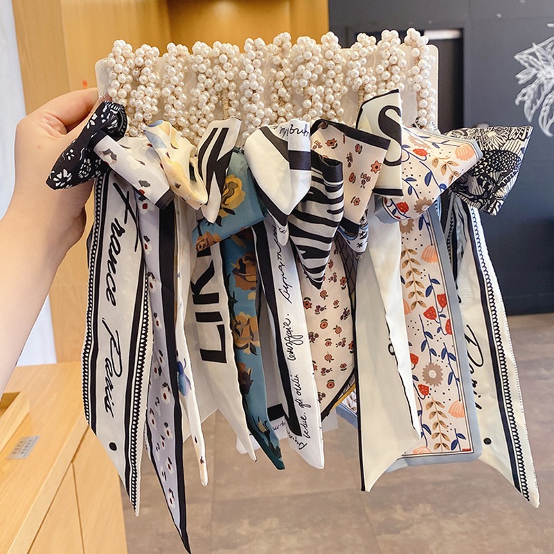 Thời Trang Mới In Series Lụa Khăn Tóc Ruy Băng Buộc Tóc Nơ Dài Vintage Satin Ruy Băng Khăn Cổ Phụ Ki